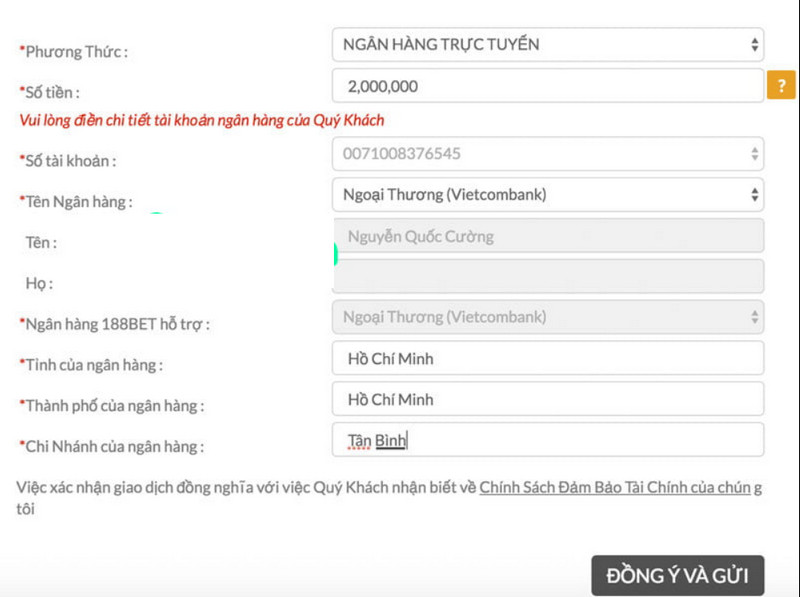 Biểu mẫu điền thông tin khi giao dịch tại nhà cái 188Bet